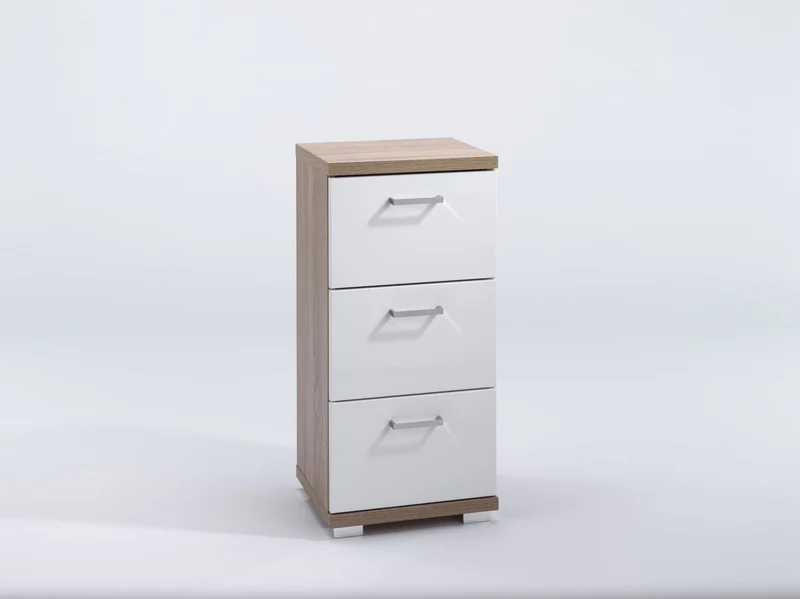 byLIVING Seitenschrank NEBRASKA in Sonoma Eiche Hochglanz lackiert/Kleiner Badschrank mit 3 Schublad
