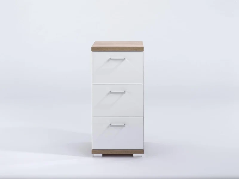 byLIVING Seitenschrank NEBRASKA in Sonoma Eiche Hochglanz lackiert/Kleiner Badschrank mit 3 Schublad
