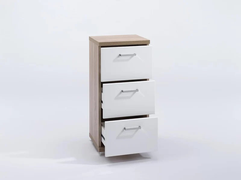 byLIVING Seitenschrank NEBRASKA in Sonoma Eiche Hochglanz lackiert/Kleiner Badschrank mit 3 Schublad