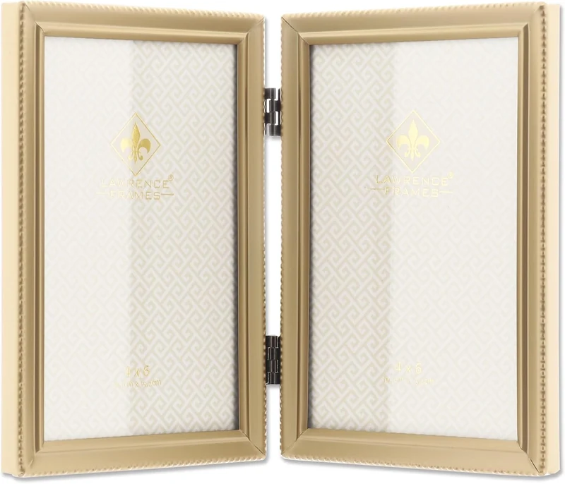 Lawrence Frames Doppel-Bilderrahmen mit Scharnier, 10,2 x 15,2 cm, Antik-Messing – Perlenbordüre Gol