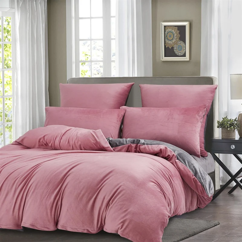 Boqingzhu Plüsch Bettwäsche 200×200cm Biber Rosa Altrosa Grau Flanell Winter Warm Kuschelig Flauschi