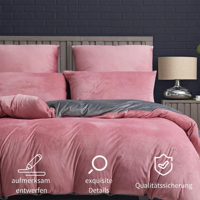 Boqingzhu Plüsch Bettwäsche 200×200cm Biber Rosa Altrosa Grau Flanell Winter Warm Kuschelig Flauschi