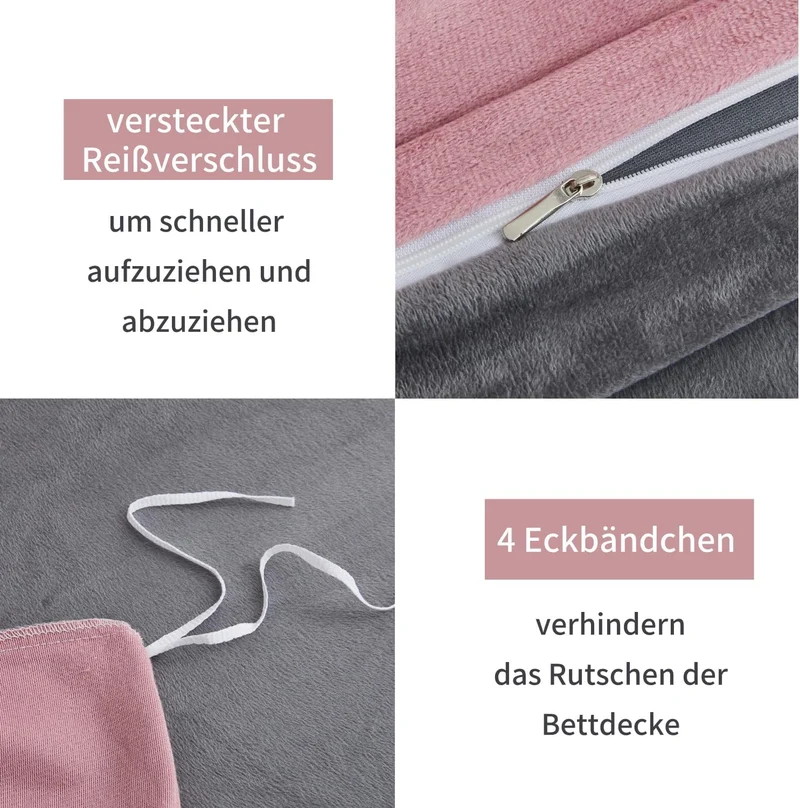 Boqingzhu Plüsch Bettwäsche 200×200cm Biber Rosa Altrosa Grau Flanell Winter Warm Kuschelig Flauschi