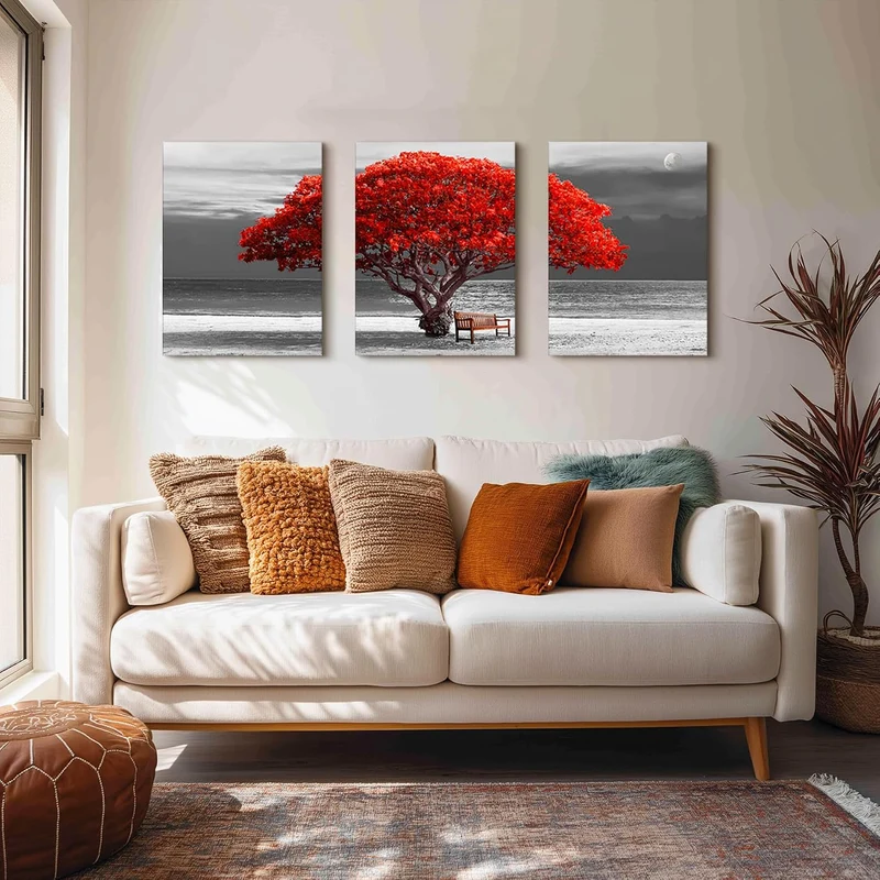hyidecorart Bilder Baum Rote, Bäume Natur Leinwand Bilder, 3 Teilig Wandbilder Wohnzimmer, Modern Gl