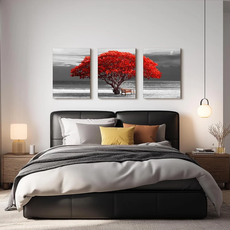 hyidecorart Bilder Baum Rote, Bäume Natur Leinwand Bilder, 3 Teilig Wandbilder Wohnzimmer, Modern Gl