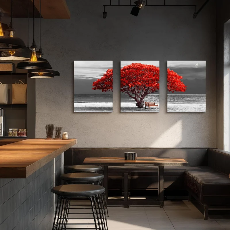 hyidecorart Bilder Baum Rote, Bäume Natur Leinwand Bilder, 3 Teilig Wandbilder Wohnzimmer, Modern Gl