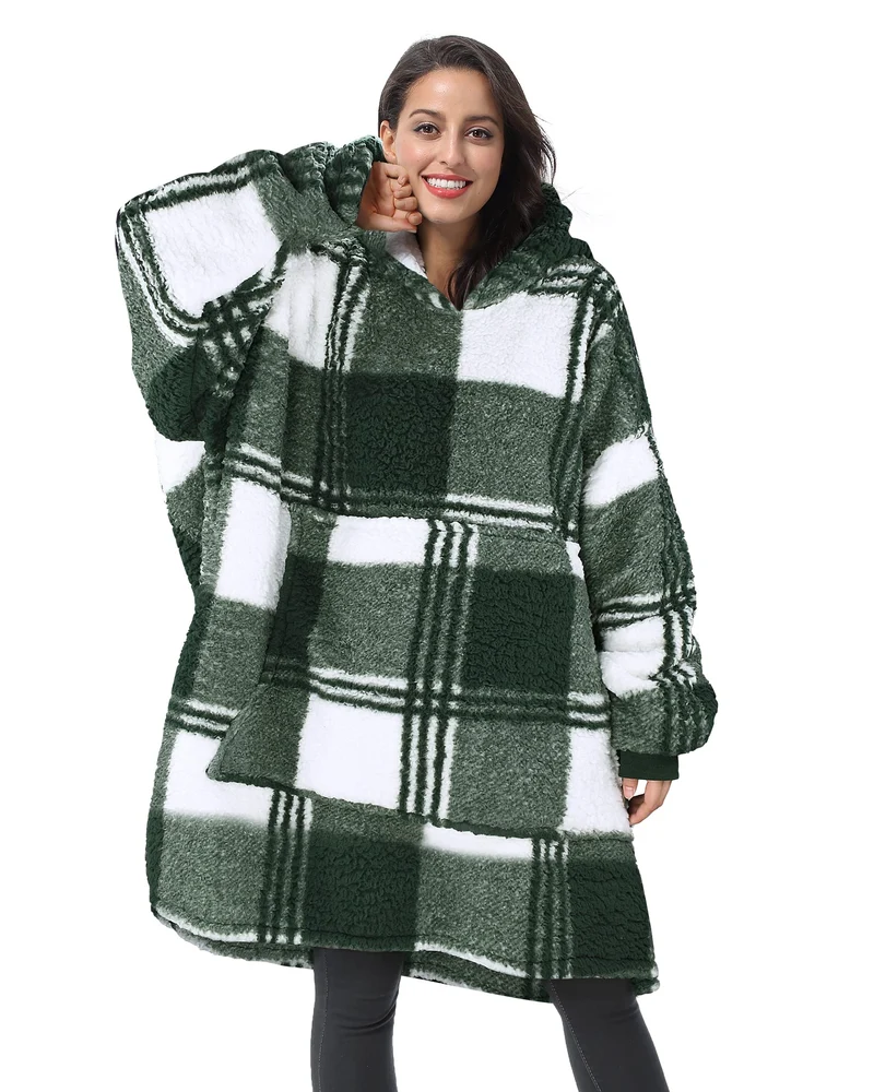 Catalonia Classy Übergrosse Sherpa Karierte Hoodie Decke, Flauschige Warme Oversized Kuscheldecke mi