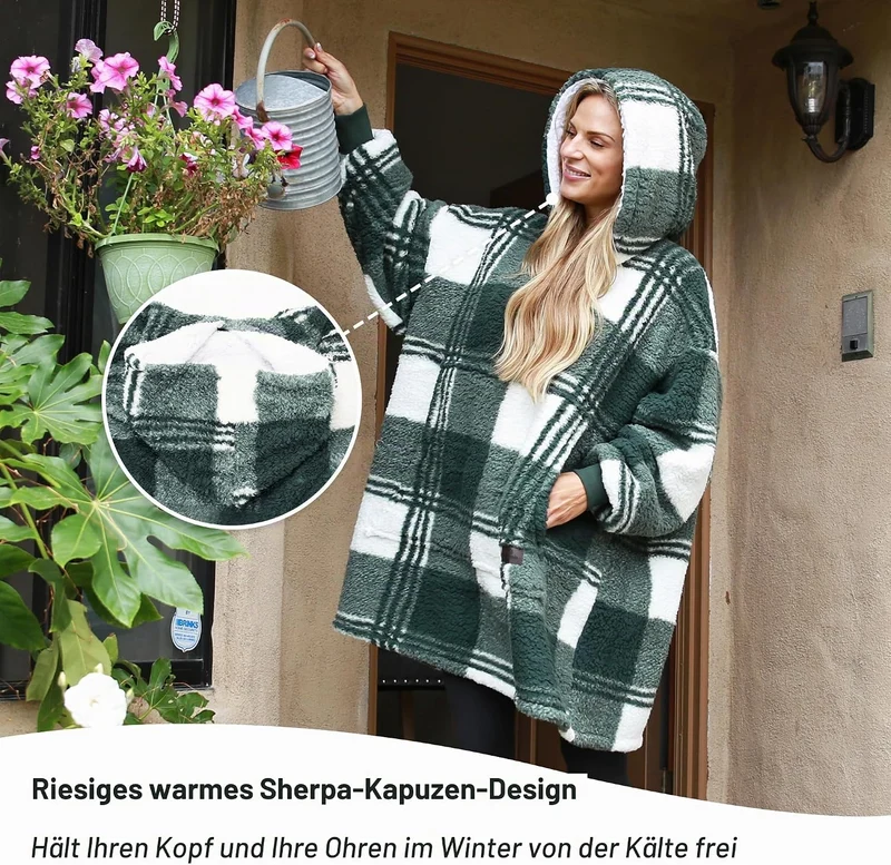Catalonia Classy Übergrosse Sherpa Karierte Hoodie Decke, Flauschige Warme Oversized Kuscheldecke mi