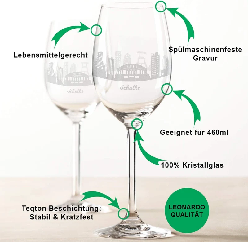 GRAVURZEILE Leonardo Weingläser - Skyline Schalke im Set - Hochwertige 360° Laser Gravur - schönes G