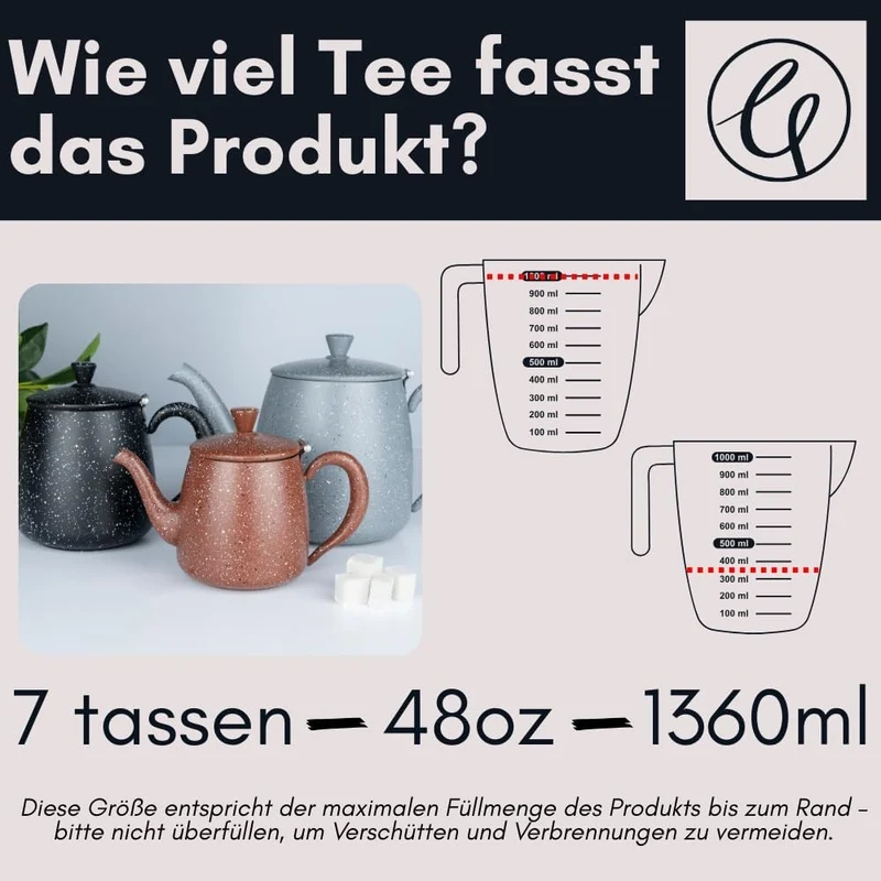 Café Olé PT-048RG Erstklassige Premium 48oz 1.35L Teekanne aus hochwertigem Edelstahl – Rot Granit,