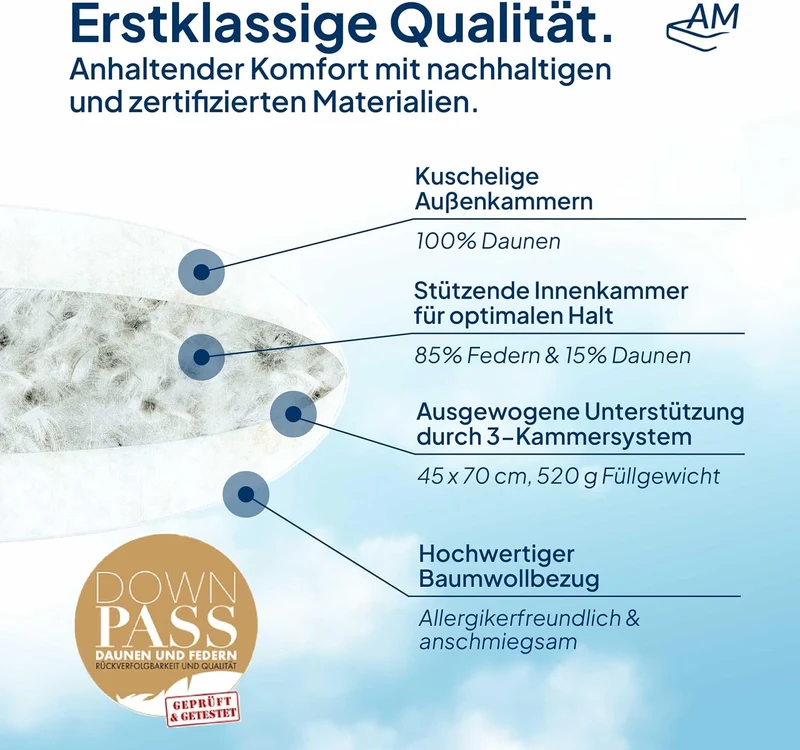 DormiGood - 2er Set Premium Daunenkissen 45 x 70 cm 100% Natur - 3 Kammer Kopfkissen 45x70 520g extr