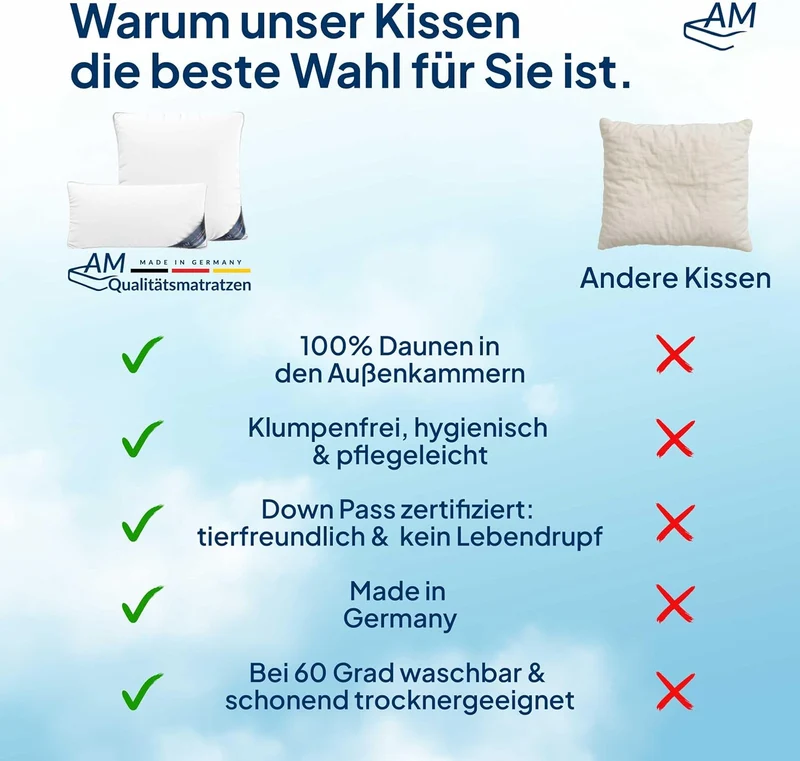 DormiGood - 2er Set Premium Daunenkissen 45 x 70 cm 100% Natur - 3 Kammer Kopfkissen 45x70 520g extr