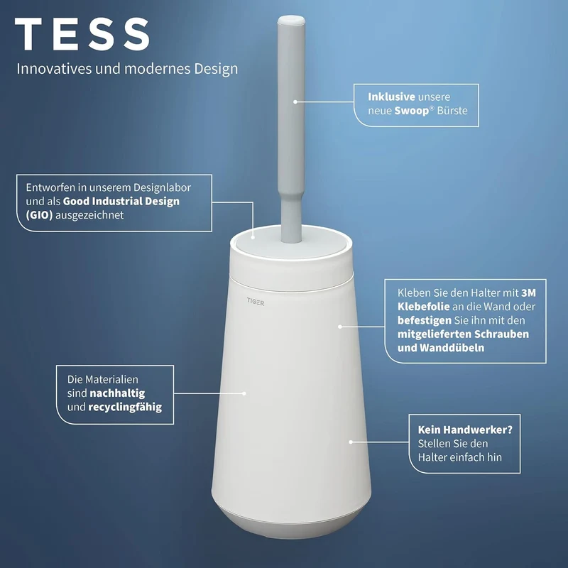 Tiger Tess Toilettenbürstenhalter mit flexibler Swoop WC-Bürste, WC-Bürstengarnitur freistehend oder