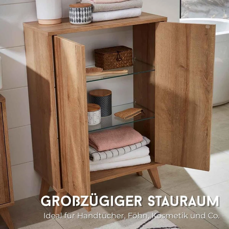 FACKELMANN Finn Midischrank (60 x 75 x 30,5 cm) – Badezimmerkommode mit 2 Einlegeböden aus Glas – Ba