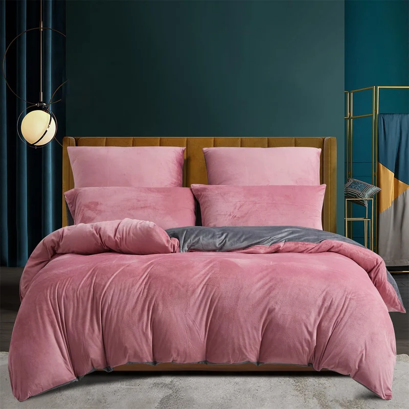 Boqingzhu Plüsch Bettwäsche 200×220cm Biber Rosa Altrosa Grau Flanell Winter Warm Kuschelig Flauschi