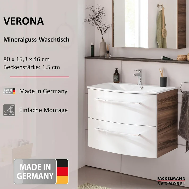 FACKELMANN Waschbecken Lugano/Waschtisch aus Gussmarmor/Masse (B x H x T): ca. 80 x 16 x 46 cm/hochw