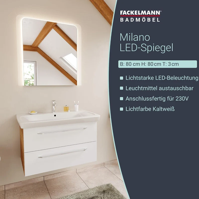 FACKELMANN LED Spiegel Milano 80 / Wandspiegel mit Design-LED-Beleuchtung/Masse (B x H x T): ca. 80