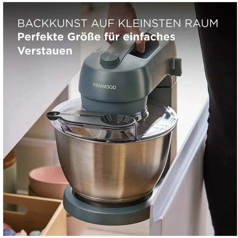 Kenwood Go Küchenmaschine KZM35.000GY, platzsparend, inkl. 4-Liter-Schüssel, K-Haken, Ballonschneebesen, Knethaken, Spritzschutz & Messlöffel, Meta Questllgehäuse mit Tragegriff, 800W, Blau