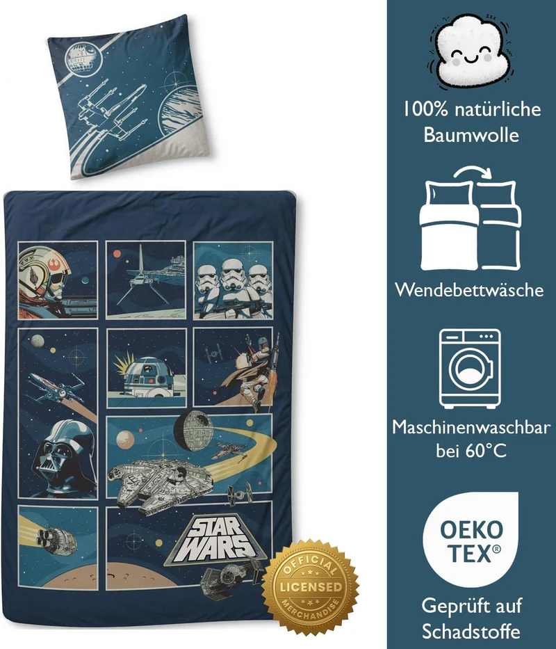 AYMAX Star Wars Wende Bettwäsche Set 2 TLG. 135 x 200 cm 80 x 80cm, Mehrfarbig