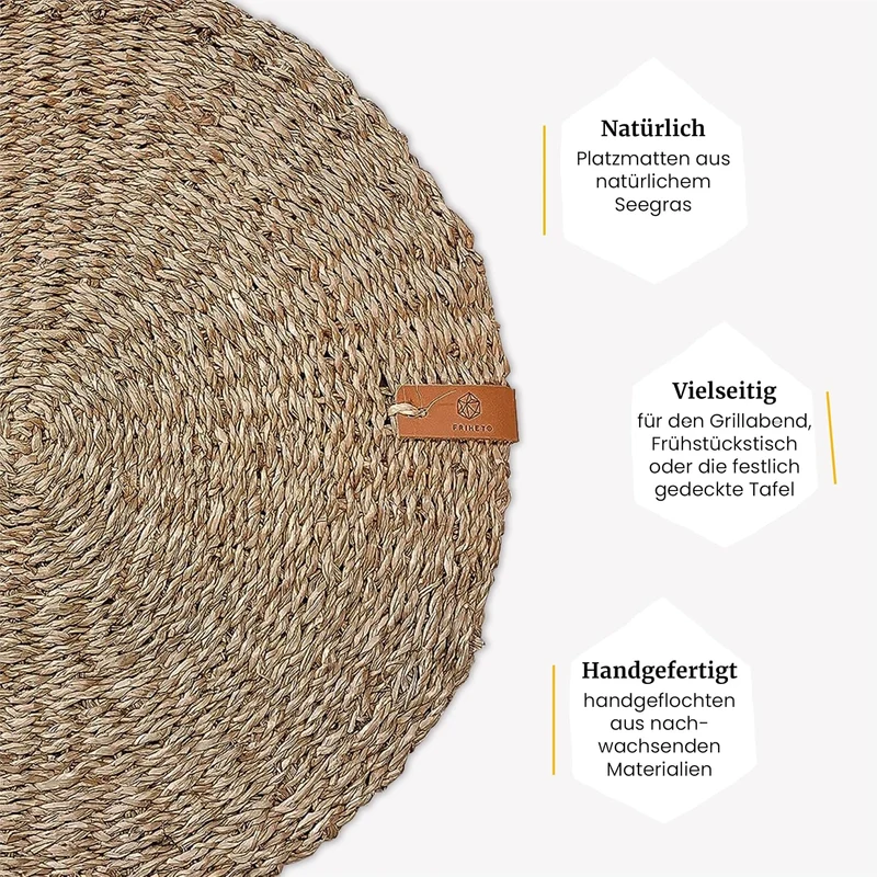 FRIHET® Platzsets rund aus Seegras für Tischdeko | Platzdeckchen für den Esstisch | 4er Tischset Nat