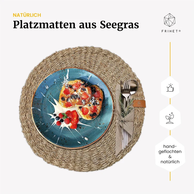 FRIHET® Platzsets rund aus Seegras für Tischdeko | Platzdeckchen für den Esstisch | 4er Tischset Nat