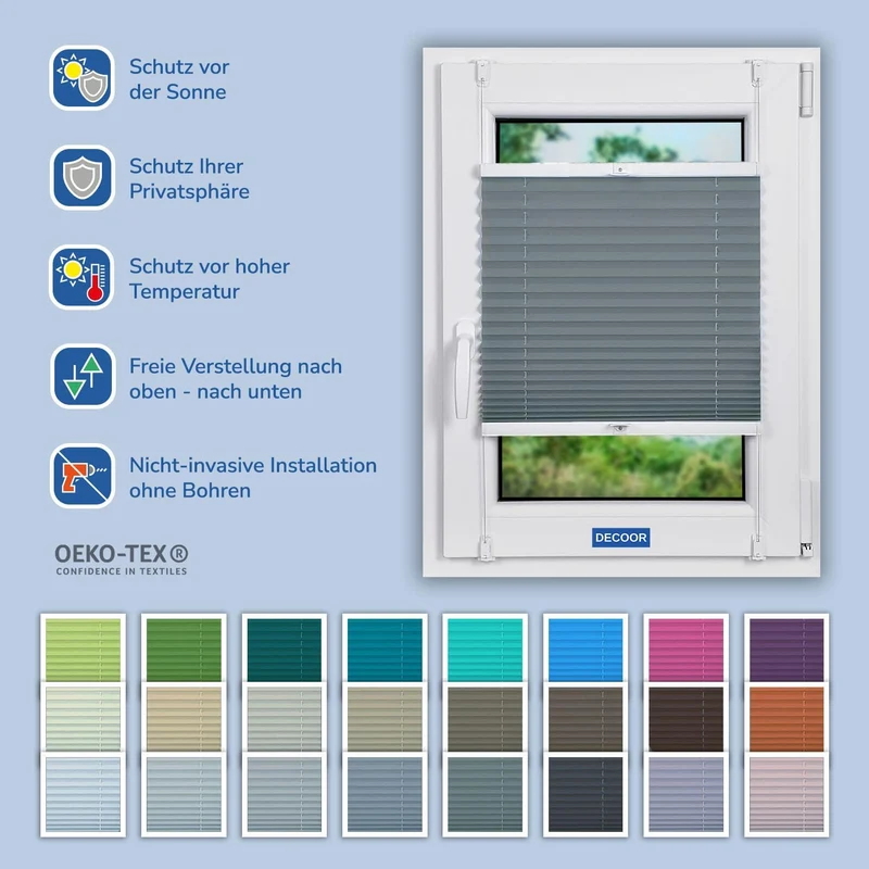 DECOOR Plissee ohne Bohren 75cm x 100cm Faltrollo Rollo für Fenster und Tür Nicht-invasive Fensterja