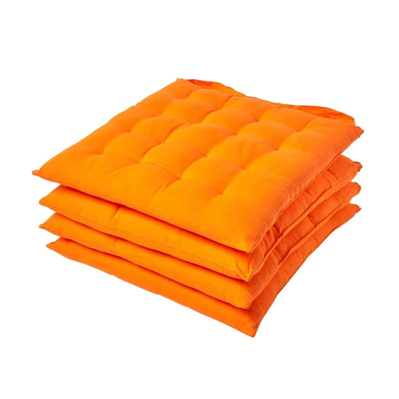 HOMESCAPES 4er Set Stuhlkissen 40 x 40 cm, orange, Sitzkissen mit Bändern und Knopfverschluss, einfa