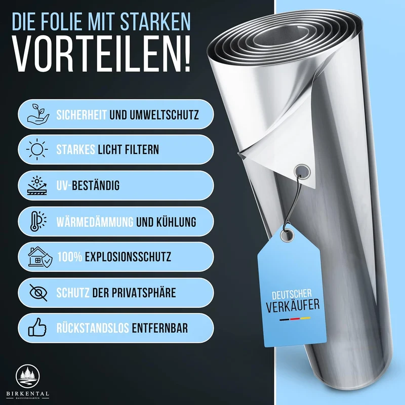 Birkental Sonnenschutzfolie Fenster innen oder aussen - Sonnenschutzfolie - UV Schutz Spiegelfolie -