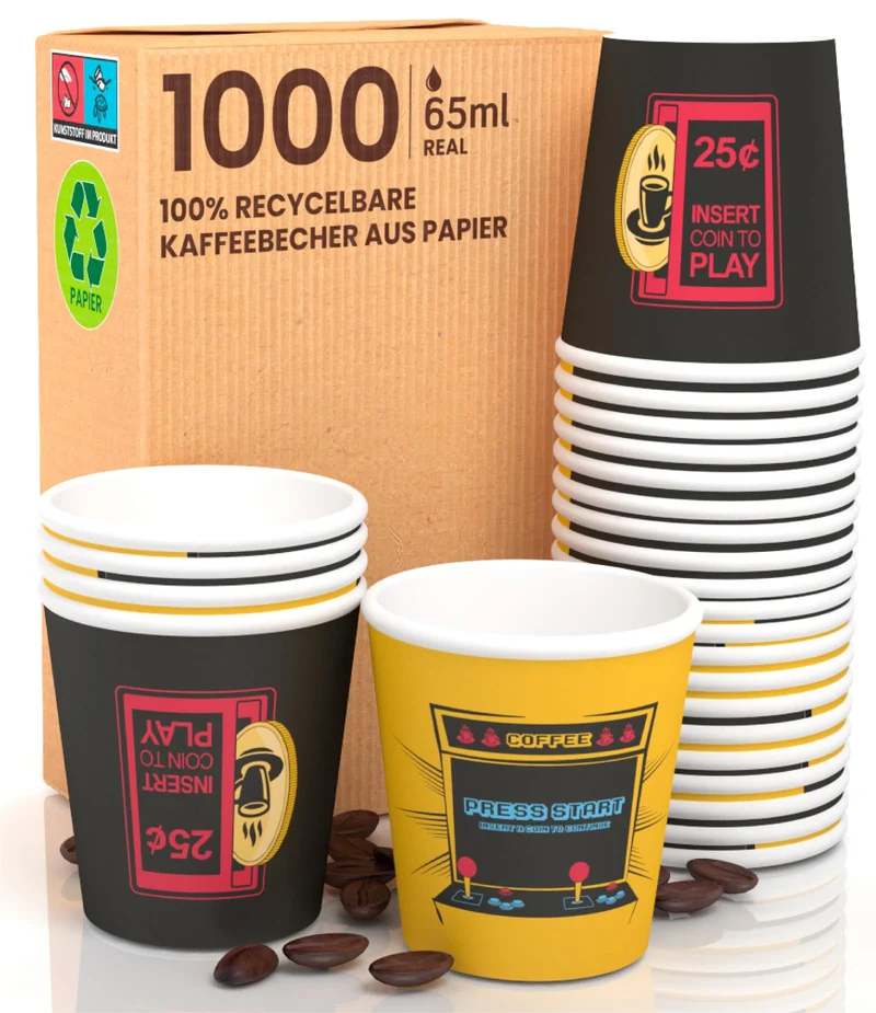 ArcadeCUP 1000 Kaffeebecher aus Papier, 65 ml, umweltfreundlich, biologisch abbaubar, Einwegbecher,