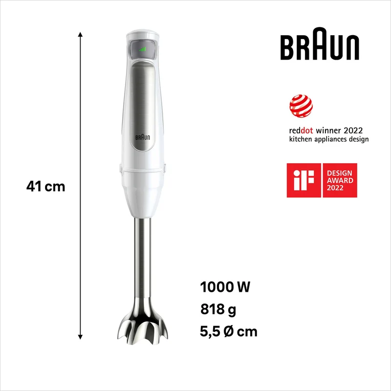 Braun Stabmixer MultiQuick 7 MQ 7035I WH - Elektrischer Stabmixer mit stufenloser Geschwindigkeitseinstellung, 3-teiliges Zubehör-Set, 1000 Watt, Weiß