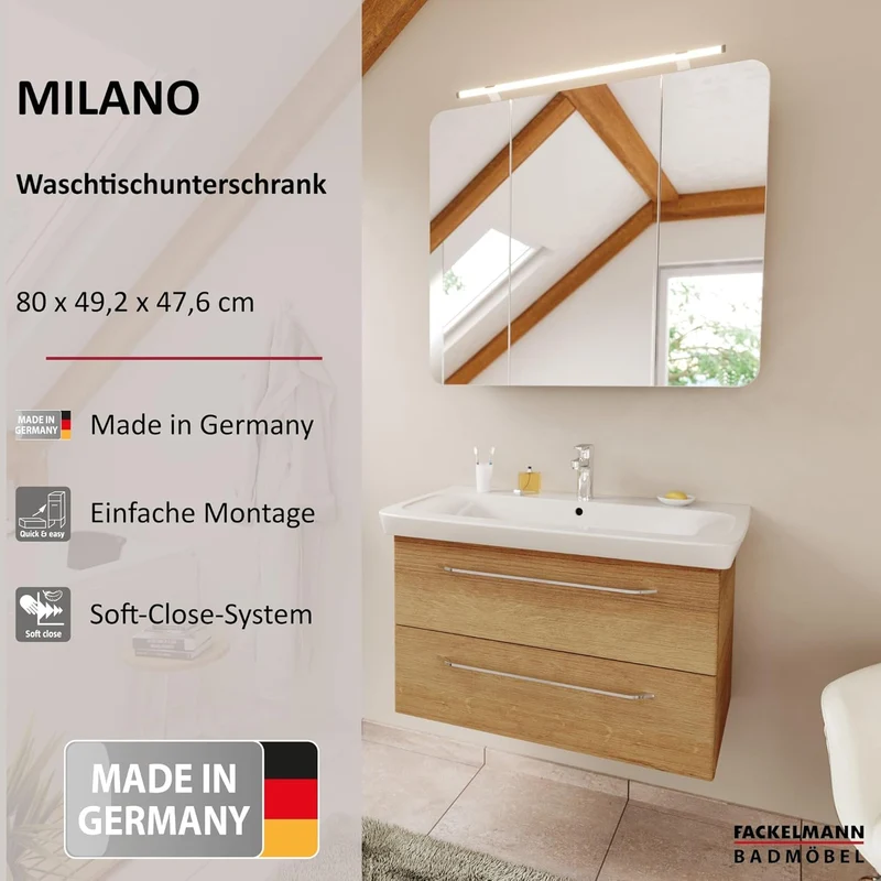 FACKELMANN Milano Waschbeckenunterschrank mit Schubladen – Unterschrank für Waschtisch im Bad (80 cm
