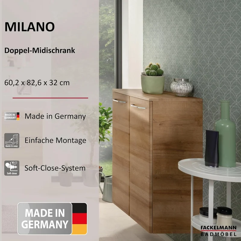 FACKELMANN Milano Doppelmidischrank mit Türen – Schrank fürs Badezimmer (60,2 cm x 82,6 cm x 32 cm)