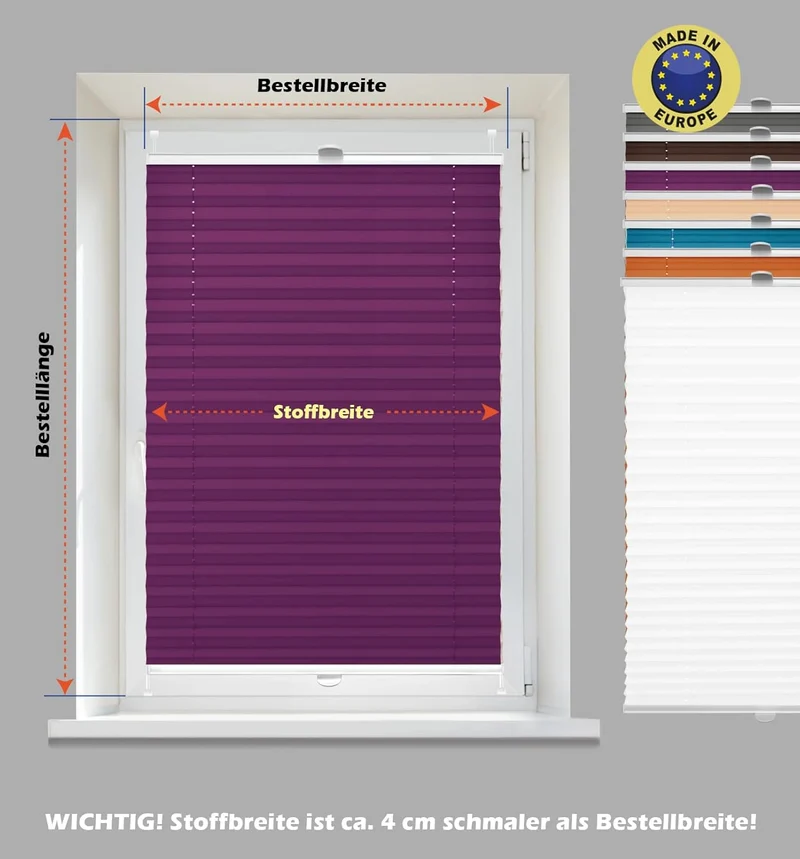 Domdeco Plissee 95x150cm Violett mit weiss lackierten Alu-Profilen, KlemmFix-Halterung zur Montage o