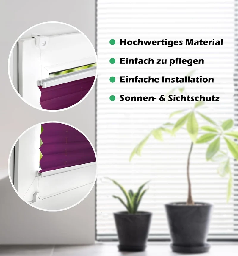Domdeco Plissee 95x150cm Violett mit weiss lackierten Alu-Profilen, KlemmFix-Halterung zur Montage o