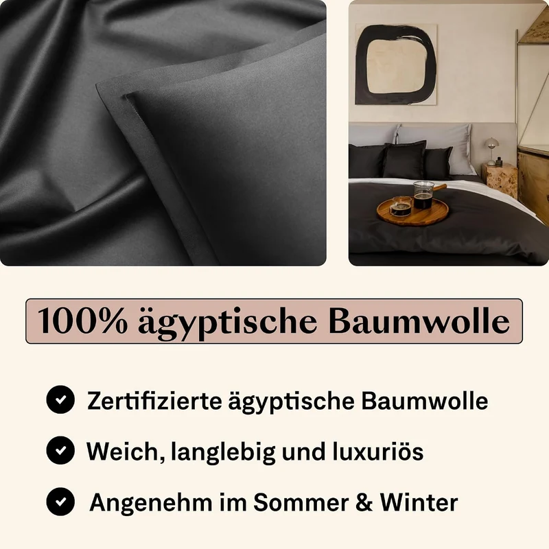Amqua Mako Satin Kissenbezug (1x) aus ägyptischer Baumwolle 40x40 cm, anthrazit (1x) 40x40cm Schwarz