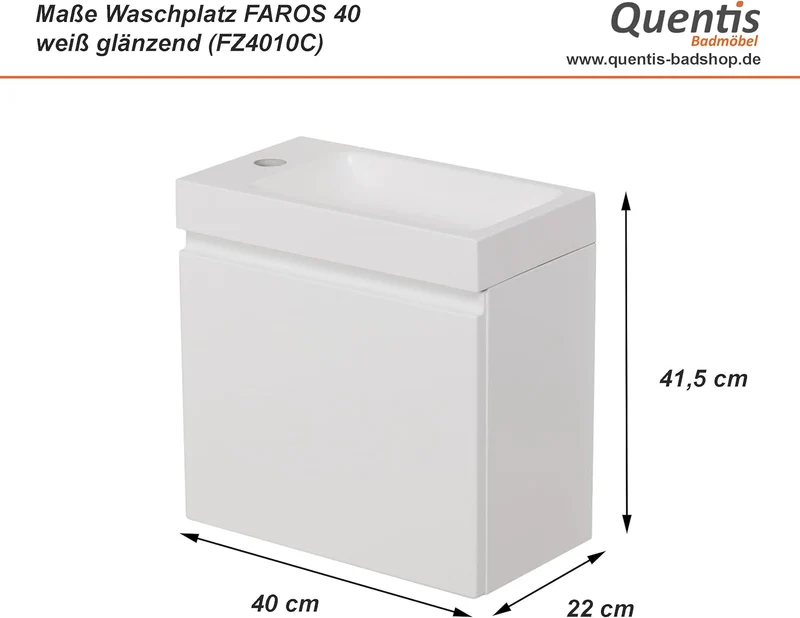 Quentis Badmöbel Gäste-WC Set Faros 40 cm, Waschbecken mit Unterschrank (weiss glänzend), Weiss Glän