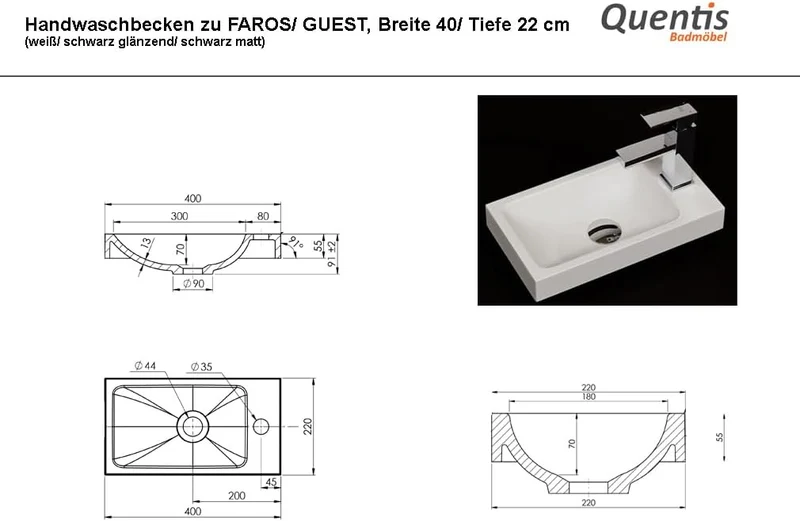Quentis Badmöbel Gäste-WC Set Faros 40 cm, Waschbecken mit Unterschrank (weiss glänzend), Weiss Glän