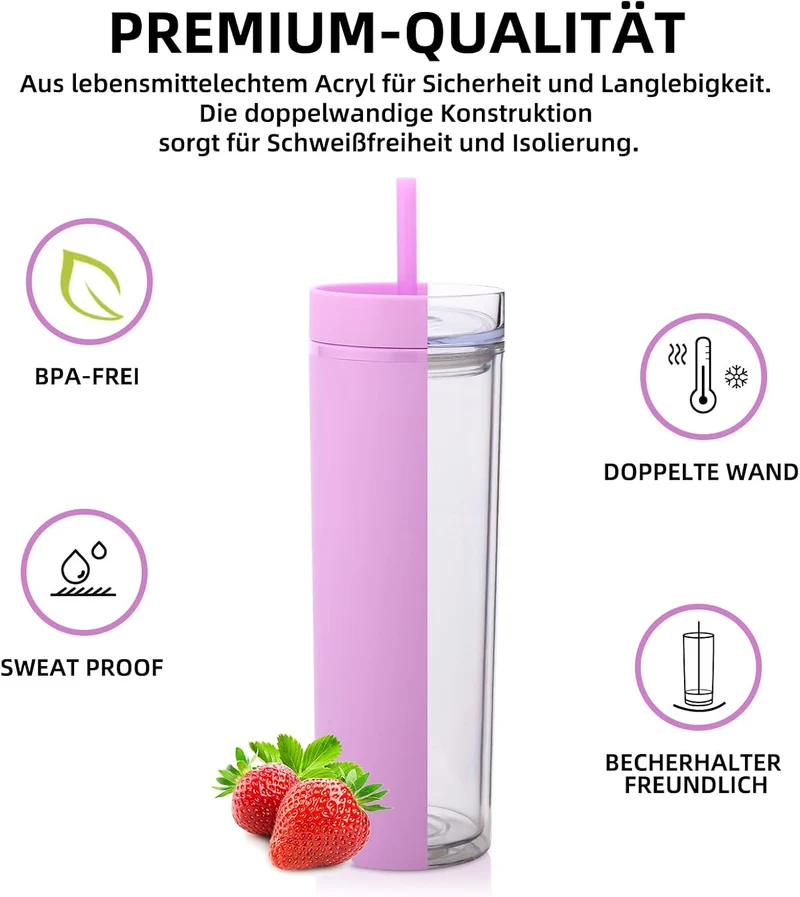 Volhoply 600ml Trinkbecher mit Deckel und Strohhalm Achterpack,Doppelwandiger Wiederverwendbar Reise