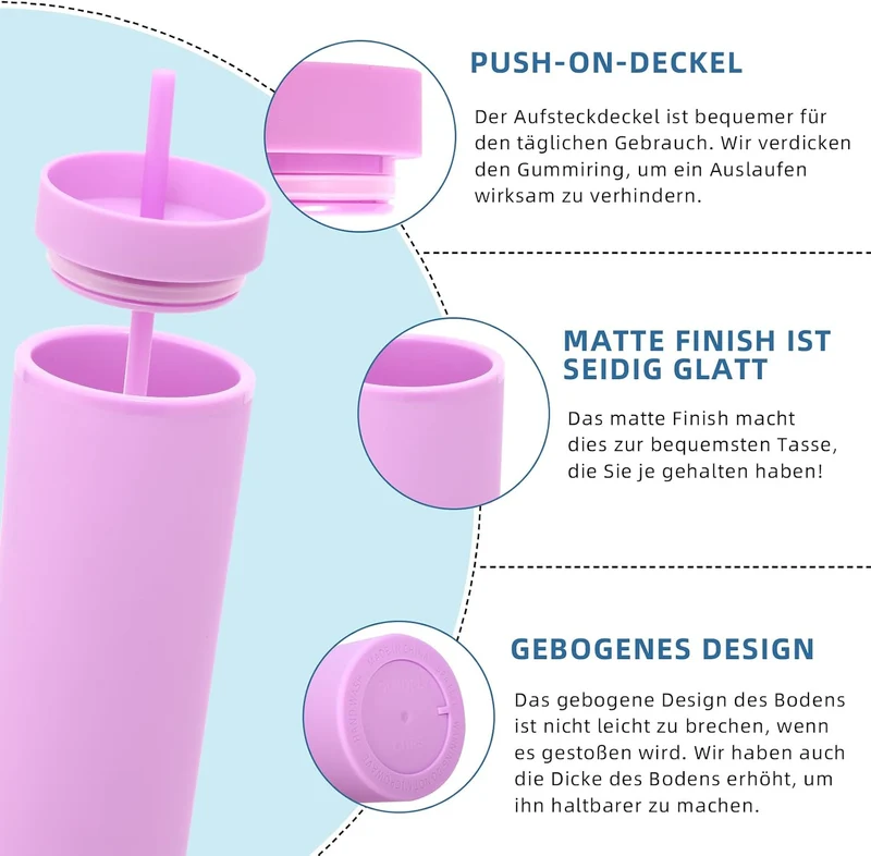 Volhoply 600ml Trinkbecher mit Deckel und Strohhalm Achterpack,Doppelwandiger Wiederverwendbar Reise