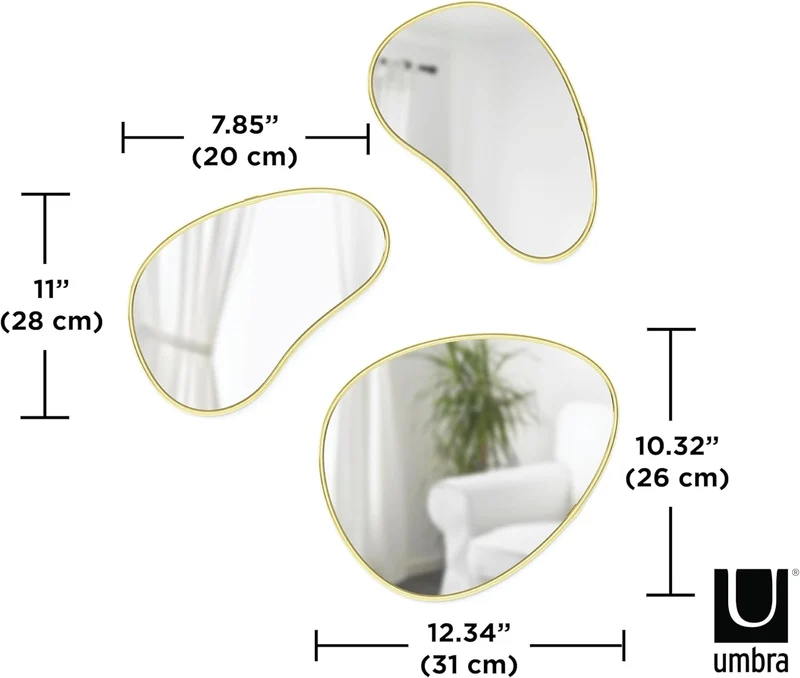 Umbra Hubba Pebble Wandspiegel Set, Moderne Design Spiegel mit Organischer Form, 3er-Set, Messing Me