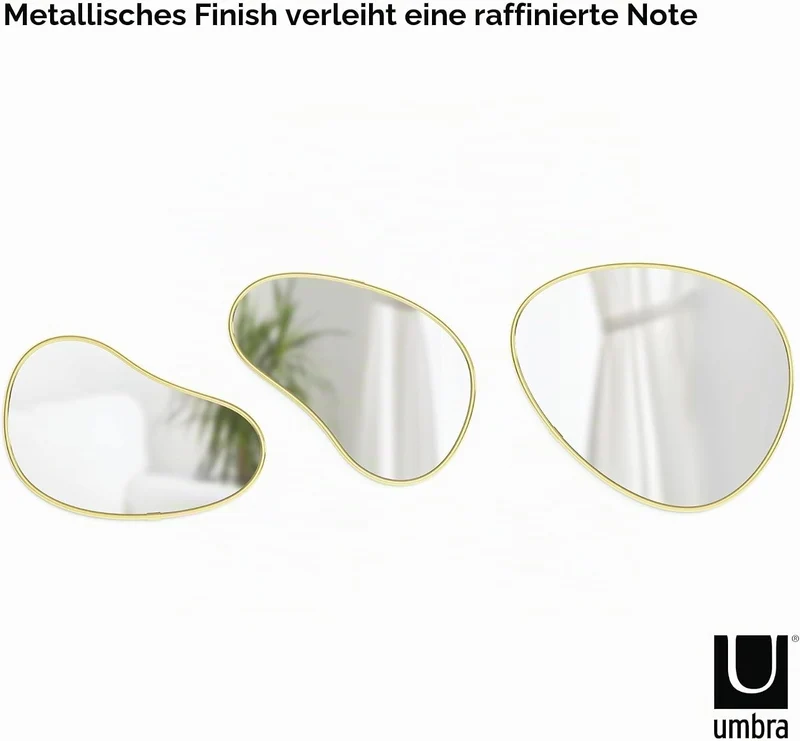 Umbra Hubba Pebble Wandspiegel Set, Moderne Design Spiegel mit Organischer Form, 3er-Set, Messing Me
