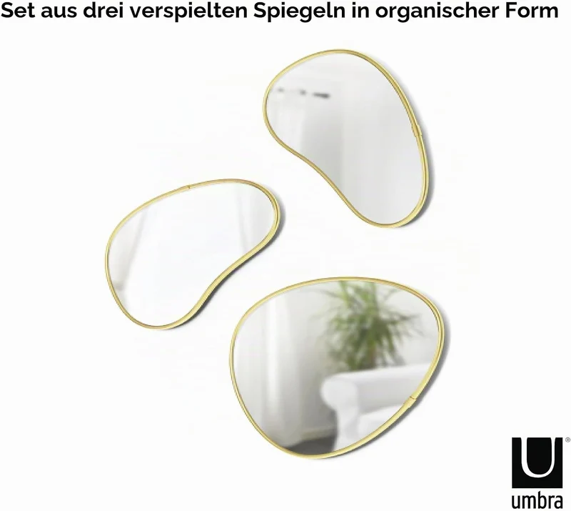 Umbra Hubba Pebble Wandspiegel Set, Moderne Design Spiegel mit Organischer Form, 3er-Set, Messing Me