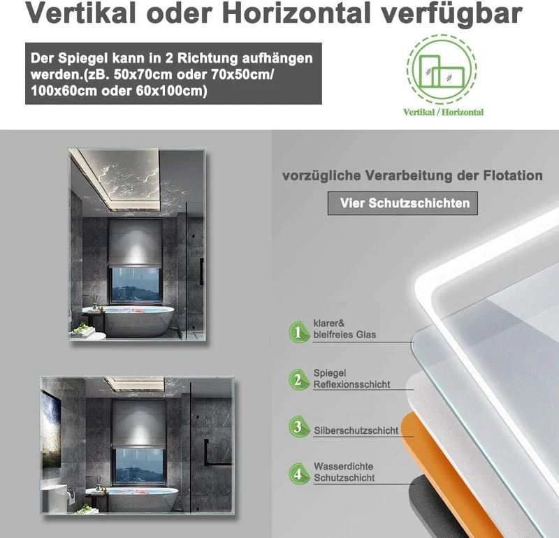 Aica Sanitär LED Bad Spiegel 50×70cm Badspiegel mit Beleuchtung Lichtspiegel Badezimmerspiegel Dekor