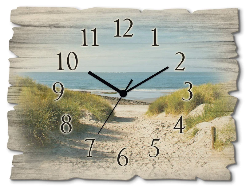 ARTLAND Wanduhr ohne Tickgeräusche aus Holz Quarzuhr 40x30 cm Rechteckig Lautlos Strand Meer Düne No