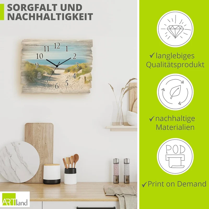 ARTLAND Wanduhr ohne Tickgeräusche aus Holz Quarzuhr 40x30 cm Rechteckig Lautlos Strand Meer Düne No