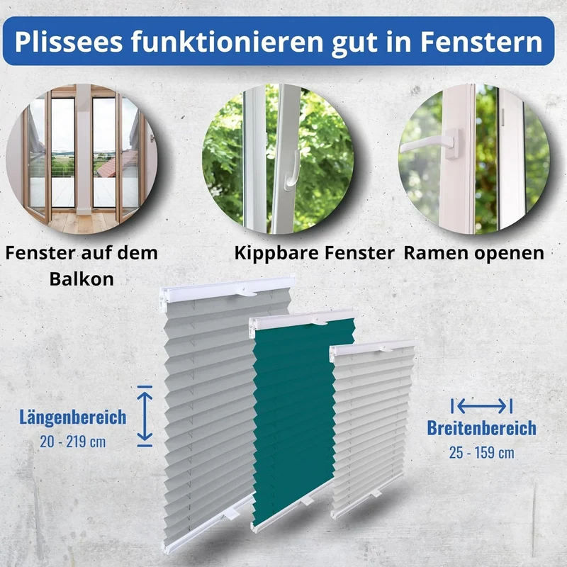 DECOOR Plissee Faltrollo nach mass Breite 120-160 cm Höhe 120-219 cm 24 Farben Rollo für Fenster und
