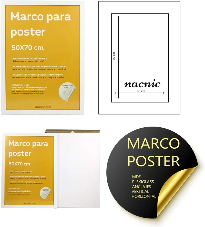 Nacnischer weisser Rahmen für Fotos, Poster, Bettwäsche, Diplome. Grösse (50x70 cm). Einbust von mdf