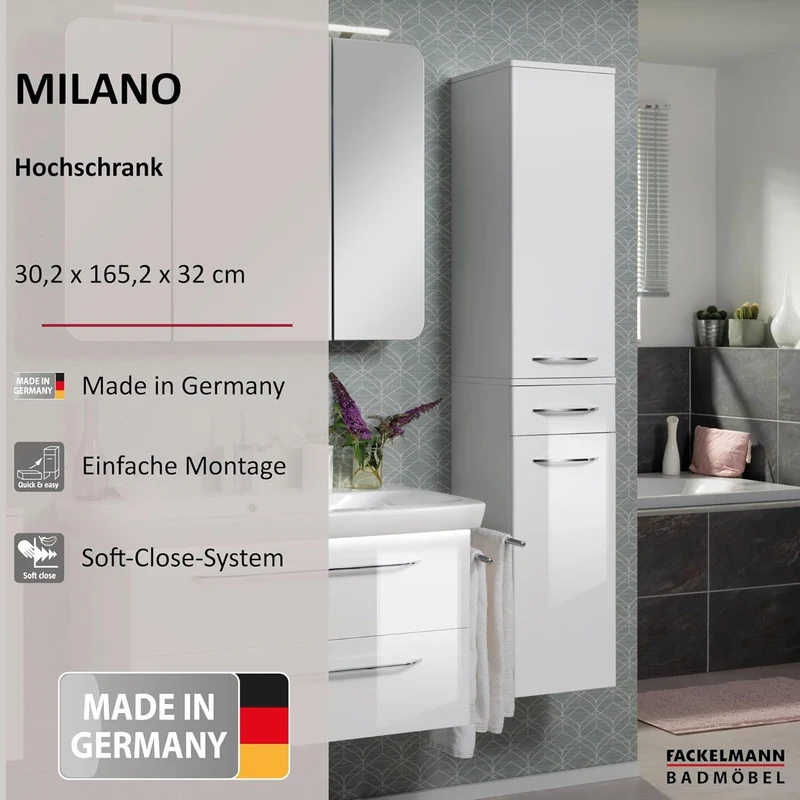 FACKELMANN Milano Hochschrank mit 2 Türen und 1 Schublade – Schrank fürs Badezimmer (30,5 cm x 165,5