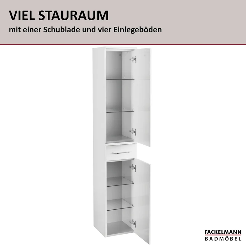 FACKELMANN Milano Hochschrank mit 2 Türen und 1 Schublade – Schrank fürs Badezimmer (30,5 cm x 165,5