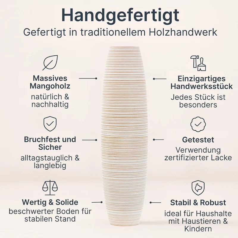 Leewadee Grosse Bodenvase für Dekozweige hohe Standvase Design Holzvase, Holz, 70 cm, White Wash 70